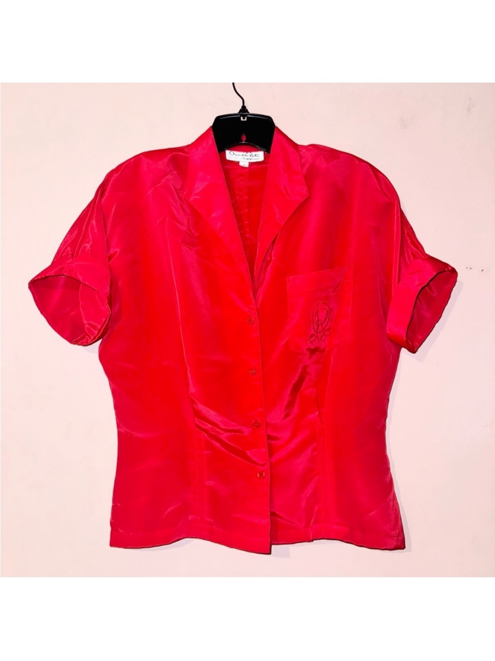 VTG Oscar De La Renta Expressions Red Short Sleeve Button Down Top Size 12